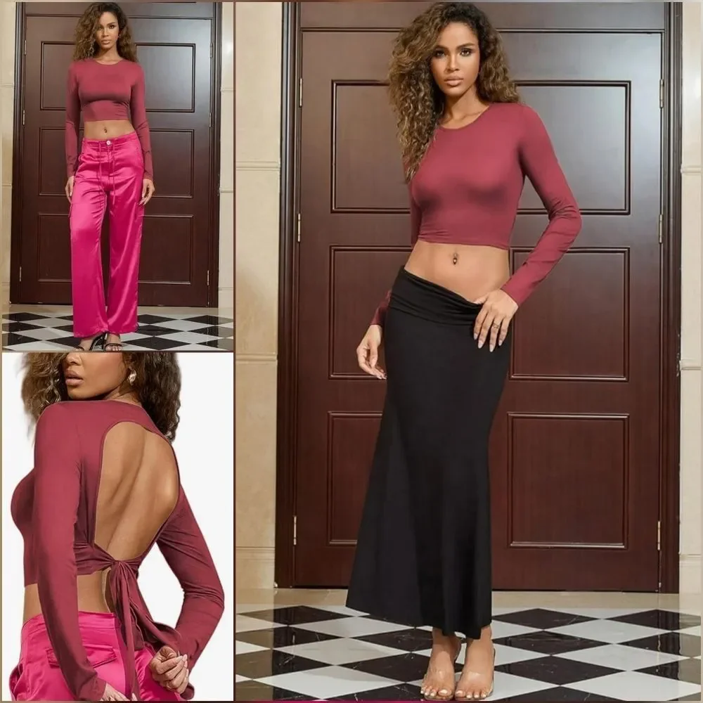 ☔️🩵⏭️NWT Burgundy Open Back Crop Long Sleeve Top Medium
